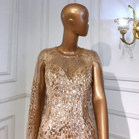 Luxury Gold Cape Sleeves Evening Dresses Gowns 2025 A-Line Beaded For Woman Wedding Party LA71416