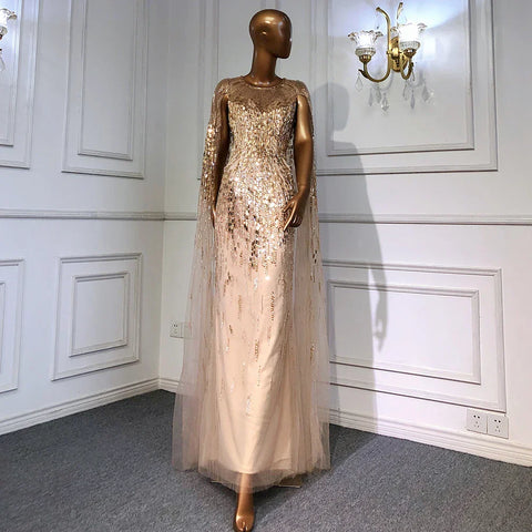 Luxury Gold Cape Sleeves Evening Dresses Gowns 2025 A-Line Beaded For Woman Wedding Party LA71416