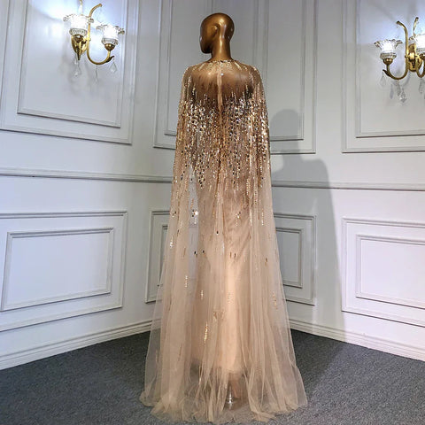Luxury Gold Cape Sleeves Evening Dresses Gowns 2025 A-Line Beaded For Woman Wedding Party LA71416