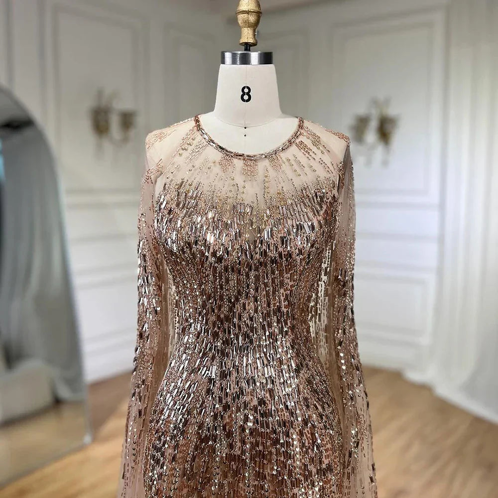 Luxury Gold Cape Sleeves Evening Dresses Gowns 2025 A-Line Beaded For Woman Wedding Party LA71416