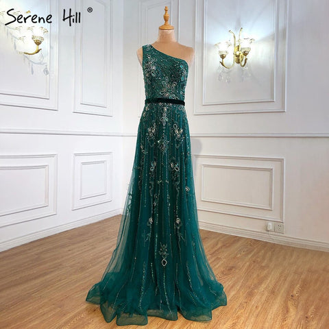 Luxury Green A-Line Evening Dresses Gowns 2025 Sexy One-Shoulder Beading For Women Party LA70921
