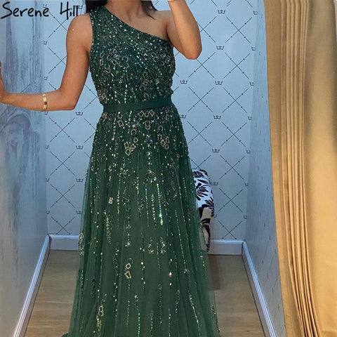 Luxury Green A-Line Evening Dresses Gowns 2025 Sexy One-Shoulder Beading For Women Party LA70921