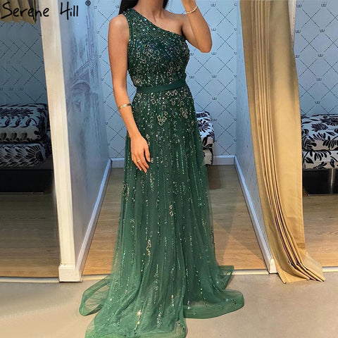 Luxury Green A-Line Evening Dresses Gowns 2025 Sexy One-Shoulder Beading For Women Party LA70921