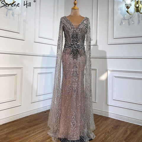 Luxury  Grey Lace Elegant Mermaid Evening Dresses Gowns 2025 Cape Sleeves Sexy For Women Party LA70857