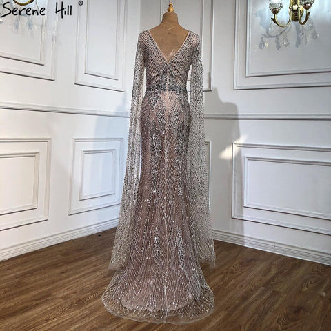 Luxury  Grey Lace Elegant Mermaid Evening Dresses Gowns 2025 Cape Sleeves Sexy For Women Party LA70857