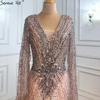 Luxury  Grey Lace Elegant Mermaid Evening Dresses Gowns 2025 Cape Sleeves Sexy For Women Party LA70857