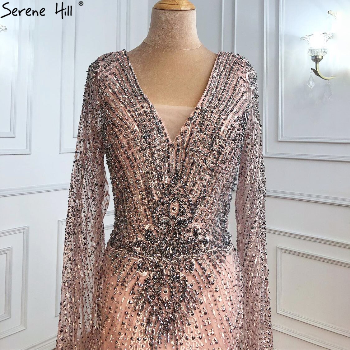 Luxury  Grey Lace Elegant Mermaid Evening Dresses Gowns 2025 Cape Sleeves Sexy For Women Party LA70857