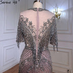 Luxury Grey Mermaid Evening Dresses Gowns 2025 Half Sleeves Beading Tassel Elegant For Women Party LA70966