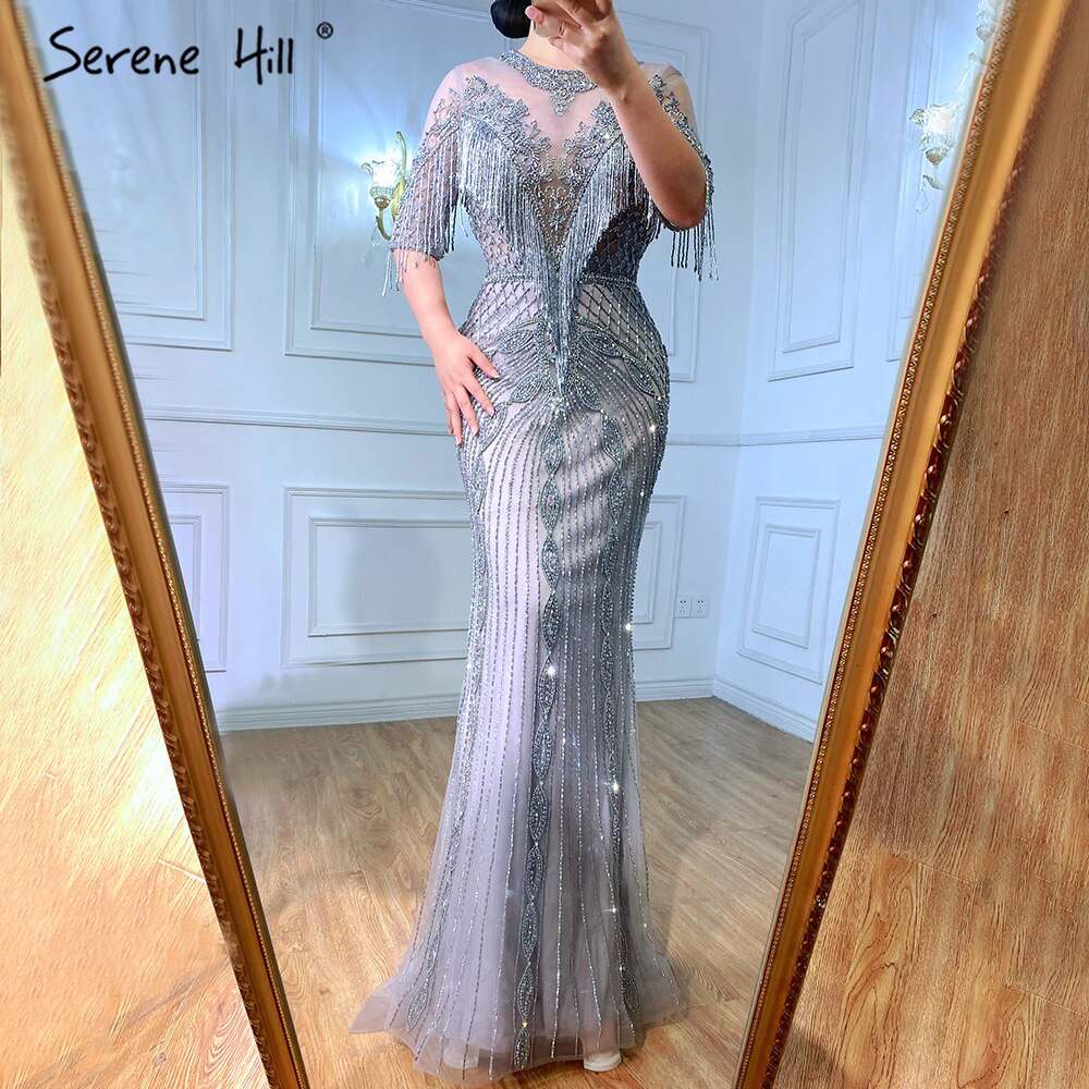 Luxury Grey Mermaid Evening Dresses Gowns 2025 Half Sleeves Beading Tassel Elegant For Women Party LA70966