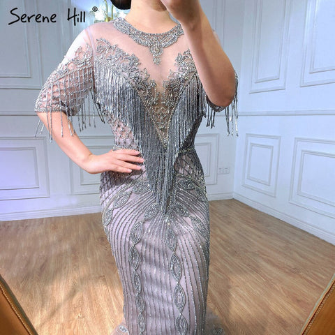 Luxury Grey Mermaid Evening Dresses Gowns 2025 Half Sleeves Beading Tassel Elegant For Women Party LA70966
