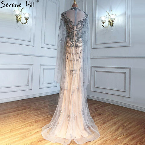 Luxury Grey Nude Cape Sleeves Evening Dresses Gowns 2025 Beaded Mermaid Elegant Sexy For Woman Party  LA71187