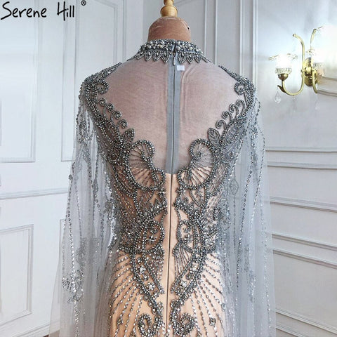 Luxury Grey Nude Cape Sleeves Evening Dresses Gowns 2025 Beaded Mermaid Elegant Sexy For Woman Party  LA71187