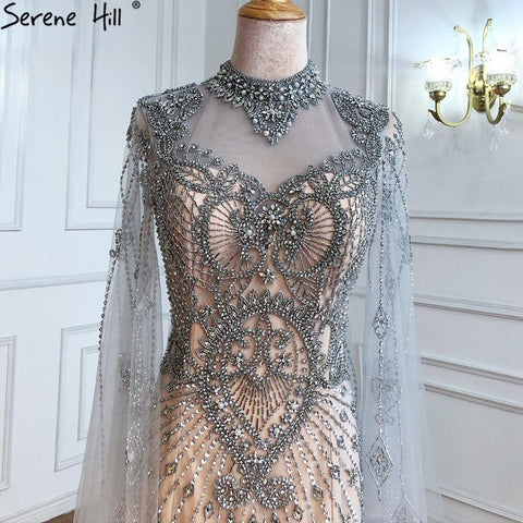 Luxury Grey Nude Cape Sleeves Evening Dresses Gowns 2025 Beaded Mermaid Elegant Sexy For Woman Party  LA71187