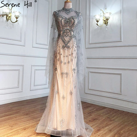 Luxury Grey Nude Cape Sleeves Evening Dresses Gowns 2025 Beaded Mermaid Elegant Sexy For Woman Party  LA71187