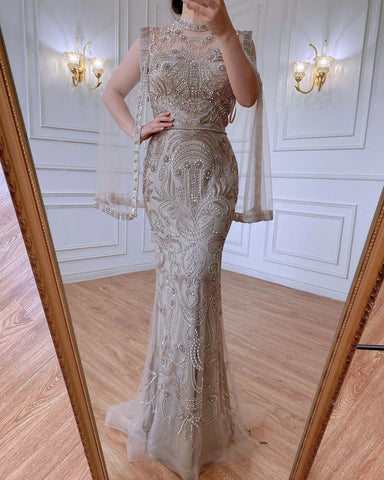 Luxury Grey  Nude With Cape  Mermaid Luxury Evening Dresses Gowns 2025 Beaded Elegant Sexy For Woman Party  LA71027