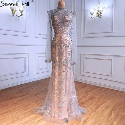 Luxury Grey  Nude With Cape  Mermaid Luxury Evening Dresses Gowns 2025 Beaded Elegant Sexy For Woman Party  LA71027
