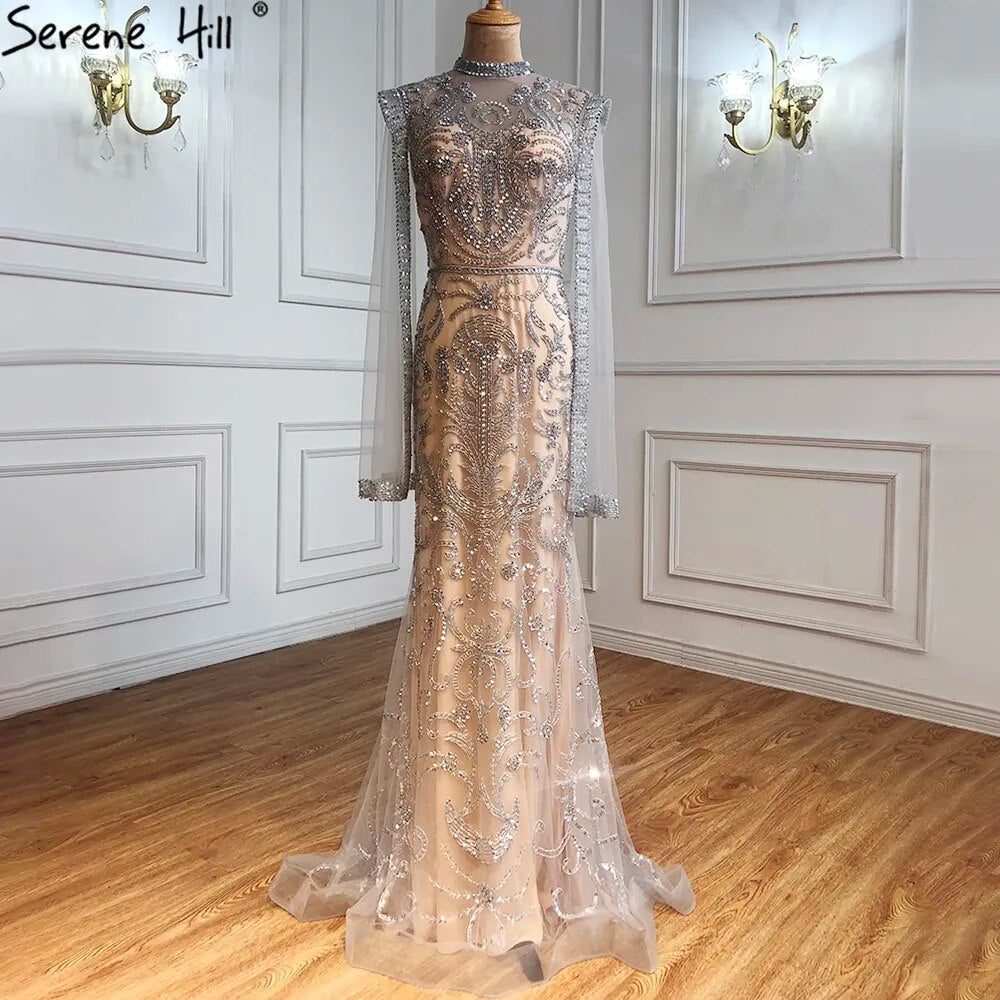Luxury Grey  Nude With Cape  Mermaid Luxury Evening Dresses Gowns 2025 Beaded Elegant Sexy For Woman Party  LA71027