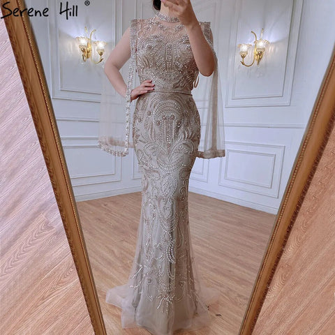 Luxury Grey  Nude With Cape  Mermaid Luxury Evening Dresses Gowns 2025 Beaded Elegant Sexy For Woman Party  LA71027