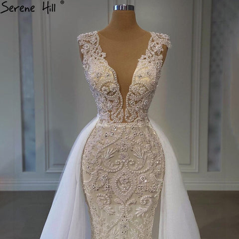 Luxury Ivory Mermaid Evening Dresses Gowns 2025 Beading Elegant With Train Formal Dress LA71109