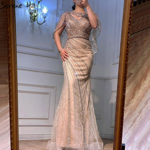 Robe de soirée sirène de luxe couleur champagne Dubaï avec cape LA70910 