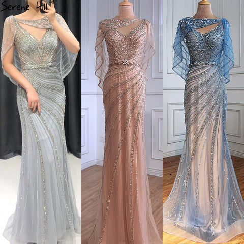 Robe de soirée sirène de luxe couleur champagne Dubaï avec cape LA70910 