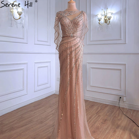 Robe de soirée sirène de luxe couleur champagne Dubaï avec cape LA70910 