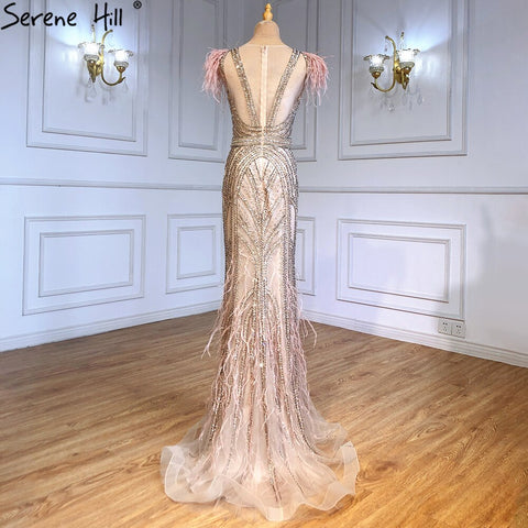 Luxury Mermaid Nude Evening Dresses Gowns 2025 Feather Beaded Elegant For Women Party LA71340