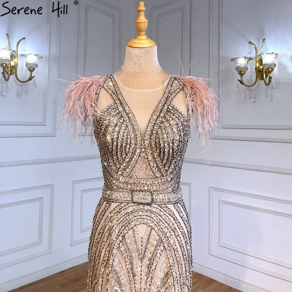 Luxury Mermaid Nude Evening Dresses Gowns 2025 Feather Beaded Elegant For Women Party LA71340