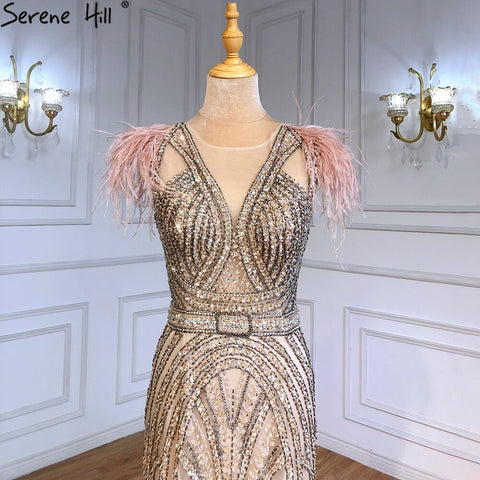 Luxury Mermaid Nude Evening Dresses Gowns 2025 Feather Beaded Elegant For Women Party LA71340