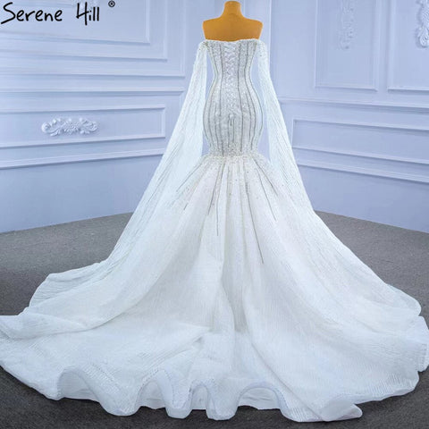 Luxury Mermaid White Wedding Dresses 2025 Cape Sleeves Beaded Pearls Bride Gowns HM67278 Custom Made