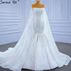 Luxury Mermaid White Wedding Dresses 2025 Cape Sleeves Beaded Pearls Bride Gowns HM67278 Custom Made