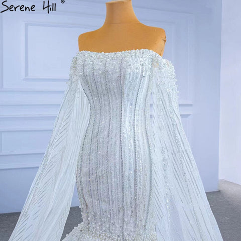 Luxury Mermaid White Wedding Dresses 2025 Cape Sleeves Beaded Pearls Bride Gowns HM67278 Custom Made