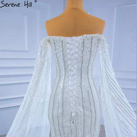 Luxury Mermaid White Wedding Dresses 2025 Cape Sleeves Beaded Pearls Bride Gowns HM67278 Custom Made