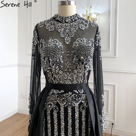 Luxury Muslim Black With Overskirt Mermaid Long Elegant Evening Gowns Dresses  For Woman LA71011