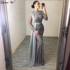 Luxury Muslim Gray Luxury Long Elegant with Detachable Train Mermaid Evening Gowns Dresses  For Woman LA70199
