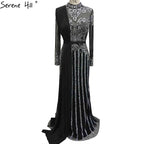 Luxury Muslim Gray Luxury Long Elegant with Detachable Train Mermaid Evening Gowns Dresses  For Woman LA70199