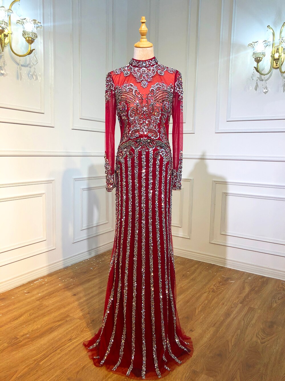 Luxury Muslim Gray Luxury Long Elegant with Detachable Train Mermaid Evening Gowns Dresses  For Woman LA70199