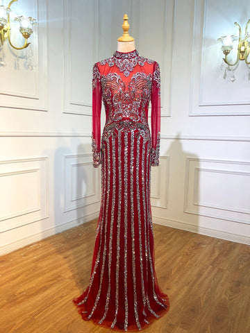 Luxury Muslim Gray Luxury Long Elegant with Detachable Train Mermaid Evening Gowns Dresses  For Woman LA70199