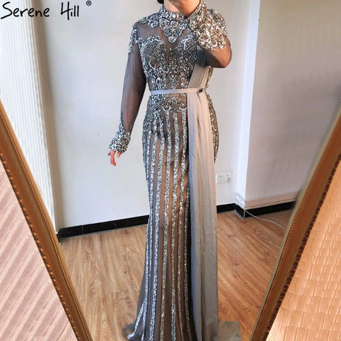 Luxury Muslim Gray Luxury Long Elegant with Detachable Train Mermaid Evening Gowns Dresses  For Woman LA70199