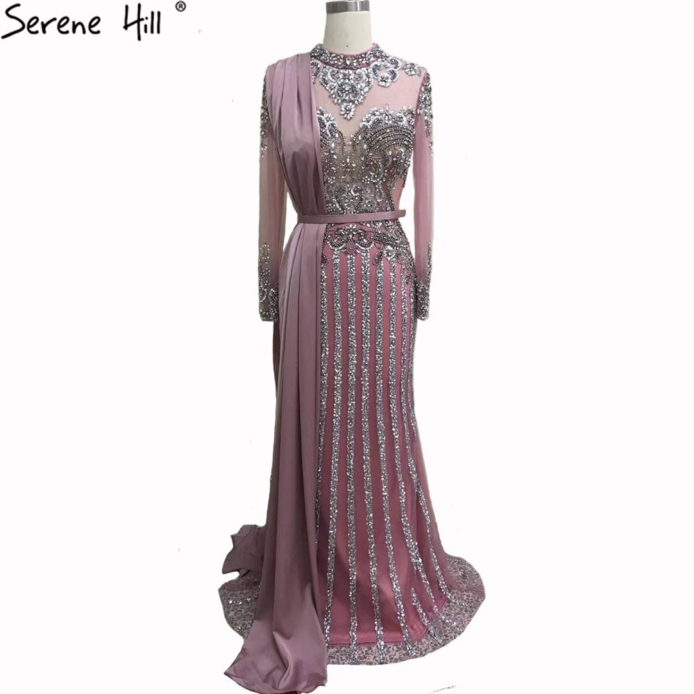 Luxury Muslim Gray Luxury Long Elegant with Detachable Train Mermaid Evening Gowns Dresses  For Woman LA70199