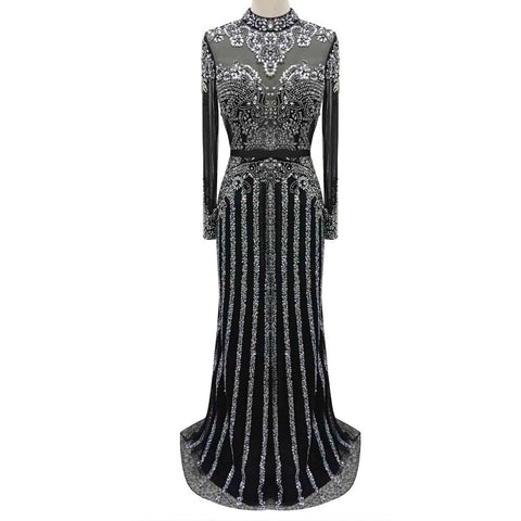 Luxury Muslim Gray Luxury Long Elegant with Detachable Train Mermaid Evening Gowns Dresses  For Woman LA70199