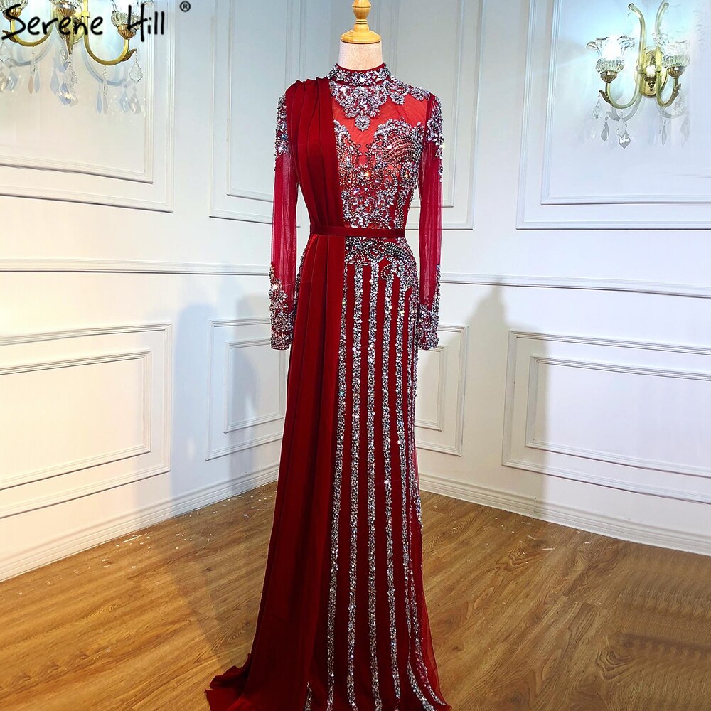 Luxury Muslim Gray Luxury Long Elegant with Detachable Train Mermaid Evening Gowns Dresses  For Woman LA70199