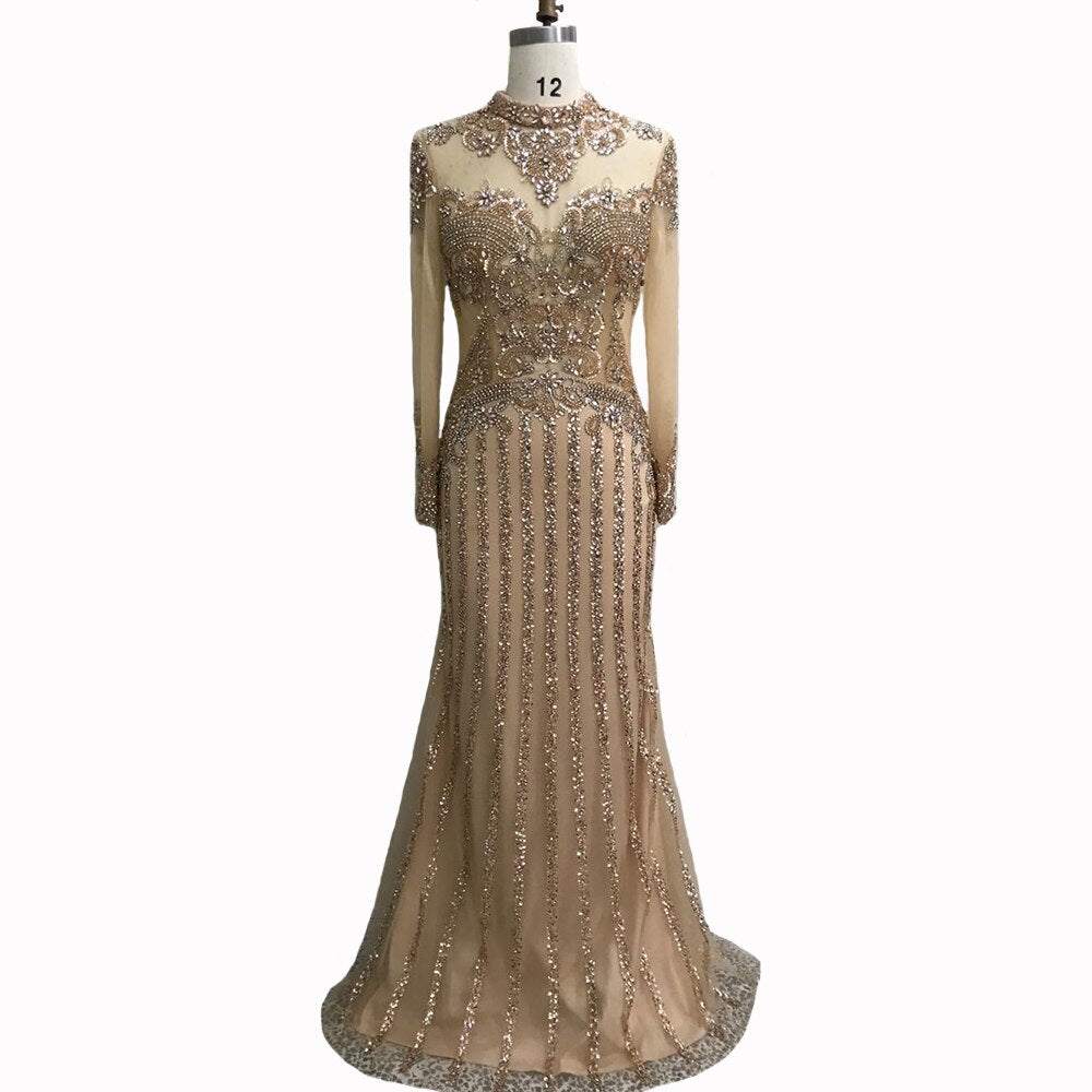 Luxury Muslim Gray Luxury Long Elegant with Detachable Train Mermaid Evening Gowns Dresses  For Woman LA70199