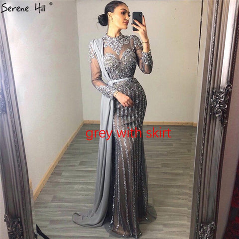 Luxury Muslim Gray Luxury Long Elegant with Detachable Train Mermaid Evening Gowns Dresses  For Woman LA70199