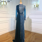 Luxury Muslim Gray Luxury Long Elegant with Detachable Train Mermaid Evening Gowns Dresses  For Woman LA70199