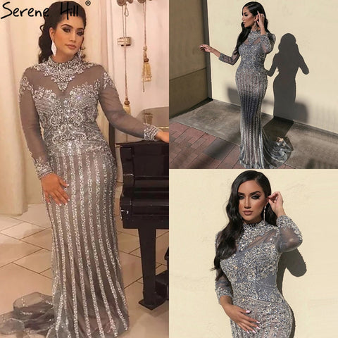 Luxury Muslim Gray Luxury Long Elegant with Detachable Train Mermaid Evening Gowns Dresses  For Woman LA70199