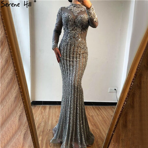 Luxury Muslim Gray Luxury Long Elegant with Detachable Train Mermaid Evening Gowns Dresses  For Woman LA70199