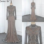 Luxury Muslim Gray Luxury Long Elegant with Detachable Train Mermaid Evening Gowns Dresses  For Woman LA70199