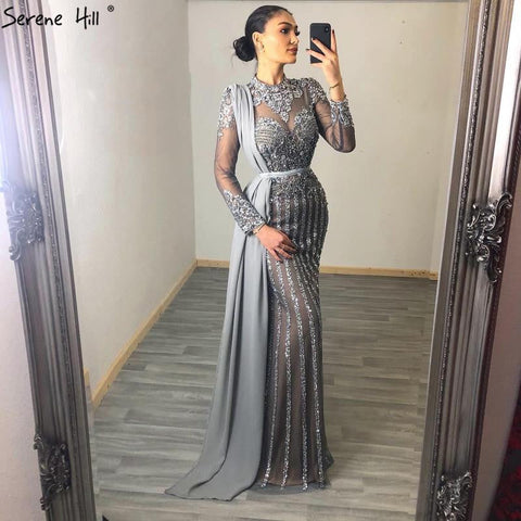 Luxury Muslim Gray Luxury Long Elegant with Detachable Train Mermaid Evening Gowns Dresses  For Woman LA70199