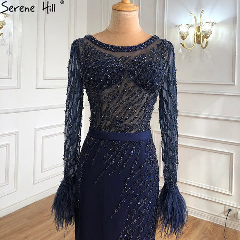 Luxury Muslim Navy Blue Evening Dresses Gowns 2025 Elegant Meramaid Beading Feathers For Women Party  LA70978